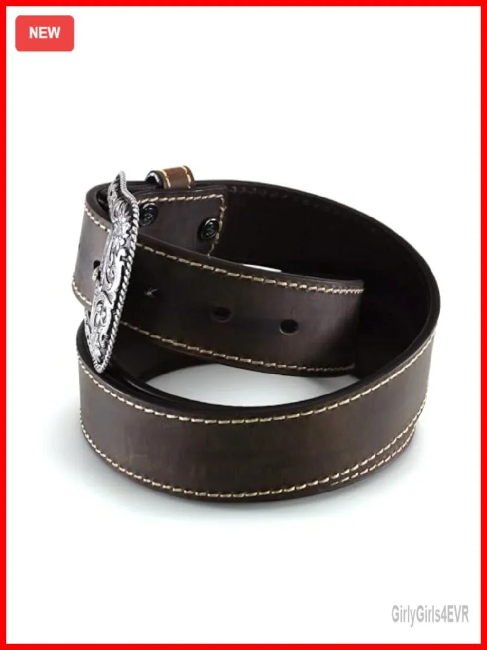Genuine Leather Western Belt Heavy Stitched Floral Buckle